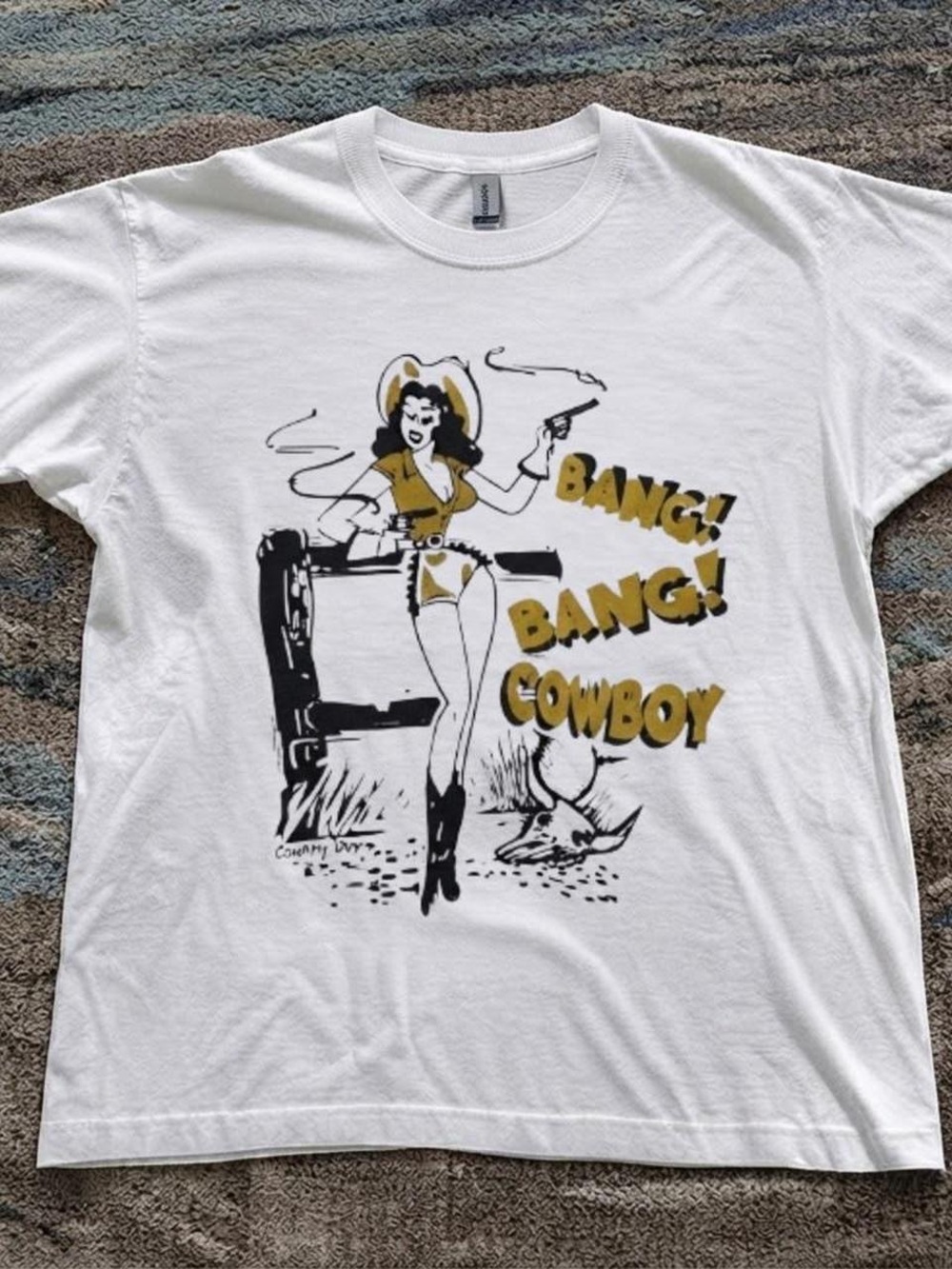 Gildan White Women's Graphic Tee with Black and Gold Cowboy Print